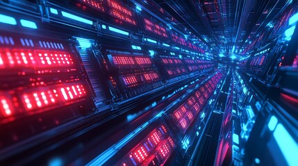 Poster - A massive crypto mining farm showcasing endless rows of powerful equipment and technology.