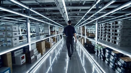 Poster - Worker navigates brightly lit warehouse filled with various products and boxes