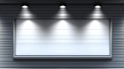 Poster - blank white shop window lit by three spotlights for advertising display or creative showcase in urba