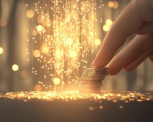 Poster - A macro shot of a hand stacking coins, showcasing finance and investment themes in a detailed image.