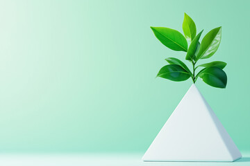 Poster - A minimalistic pyramid structure supports fresh green leaves, creating an eco-friendly aesthetic. The composition features soft light, enhancing the calm, neutral colors