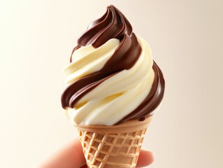 Poster - Hand holding waffle cone with chocolate and cream