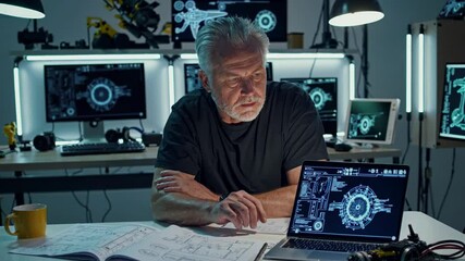 Fototapete - Expert engineer analyzes complex blueprints and designs in a modern workspace filled with technology and tools