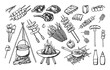 © chekiwart - Set of barbecue equipment and food. Hand drawn outdoor grill elements. Sketch style fried meat, sauce, ribs, sausages, steak, grilled vegetables