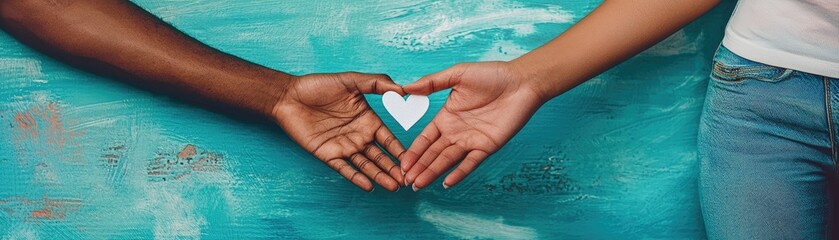 Wall Mural - Couple's hands hold heart, teal background, love concept