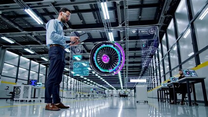 Aufkleber - Man analyzes jet engine design in high-tech manufacturing facility with digital overlays
