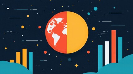 Poster - A vibrant illustration of a half-earth globe with colorful bars, representing data and global trends against a dark starry background.