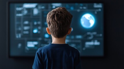 Poster - A young boy gazes intently at a screen displaying a digital globe, surrounded by futuristic data interfaces and visuals.
