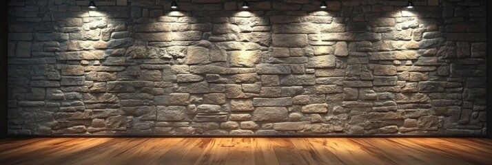 Poster - Dimly Lit Room with Stone Wall and Wooden Floor Ideal for Interior Design, Art Display, or Photography Background