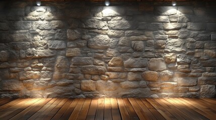 Poster - dimly lit room featuring stone wall and wooden floor with subtle lighting effects ideal for interior