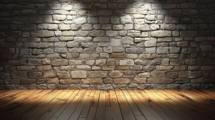 Poster - Dimly Lit Room Featuring a Rustic Stone Wall and Natural Wooden Floor Creating an Inviting Atmosphere for Photography and Design Projects
