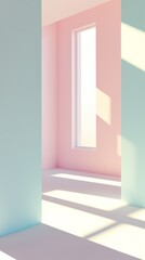 Poster - Sunlight fills a tranquil room adorned with pastel pink and blue walls. The soft illumination creates gentle shadows across the minimalist floor, enhancing the peaceful atmosphere