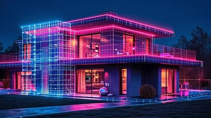 Poster - Futuristic illuminated house with neon lights and modern architecture during twilight hours