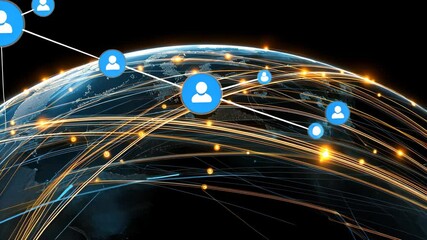 Poster - Visual representation of global connectivity showing network lines and user icons highlighting digital interactions over distances