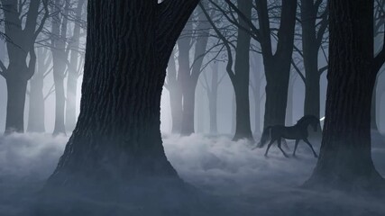 Poster - Mystical unicorn wanders through a foggy enchanted forest at twilight with towering trees and a serene atmosphere
