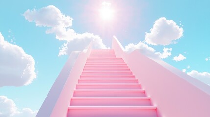 Poster - This captivating staircase ascends gently into a vibrant blue sky, adorned with soft, billowing clouds. Sunlight creates a warm glow, inviting exploration and wonder