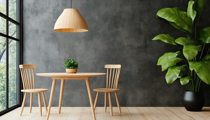 Wall Mural - A modern dining area featuring a wooden table, two chairs, a potted plant, and a large pendant light against a textured wall.