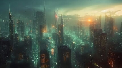 Poster - Futuristic city skyline featuring glowing elements, ideal for modern architecture and technology themes.