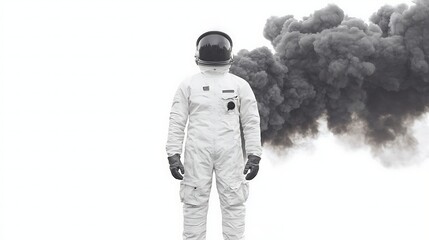 Wall Mural - An astronaut in a white suit stands against a stark background, with smoke billowing behind, creating a dramatic contrast.