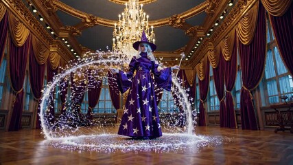 Poster - Magic performance in a grand ballroom with enchanting sparks and a mystical atmosphere