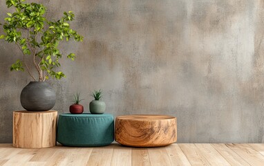 Poster - A serene interior scene featuring wooden stools and decorative planters, creating a stylish and natural ambiance.