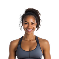 Wall Mural - happy African American woman in gray fitness outfit isolated on transparent white background