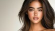 © tonpreecha - Fashion-forward side portrait of a radiant model with smooth bronze skin, long voluminous brown hair, striking high-contrast lighting, luxury studio setting, professional beauty shot, ultra-realistic,