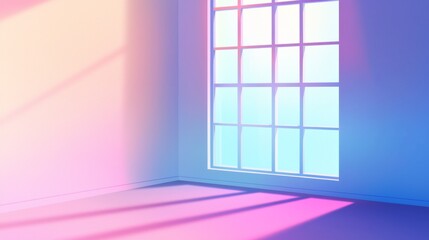 Poster - Morning light gently filters through a large window, casting dreamy shades of blue and soft pink onto the unadorned floor, evoking a serene ambiance perfect for reflection