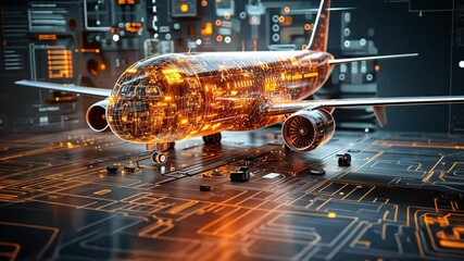 Poster - Futuristic airplane design with glowing circuits in a high-tech environment at dusk