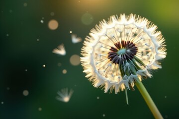 Wall Mural - Fluffy dandelion seed head dispersing seeds in breeze, botanical, close-up, seedhead