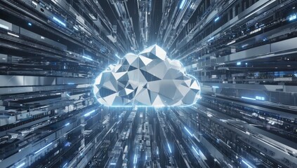 Poster - Futuristic server room data center is connecting cloud computing technology, represented by a glowing polygonal cloud symbol, highlighting innovation in digital information storage and access