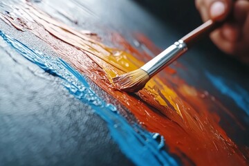 Wall Mural - Person is painting a picture with a brush, using blue and orange paint, concept artist