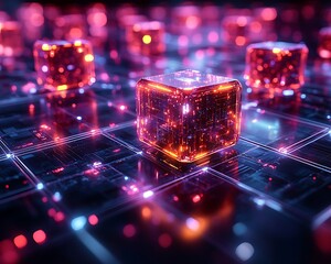 Fototapete - Visual representation of a blockchain ledger with glowing interconnected elements.