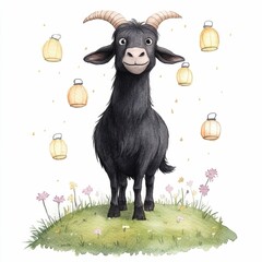 Enchanting watercolor depicting a whimsical goat standing on a grassy hilltop surrounded by a glowing backdrop of festive lanterns and vibrant flowers creating a captivating and dreamlike scene