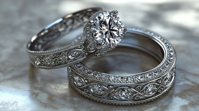 A pair of luxury diamond wedding rings with detailed engravings, displayed on a minimalistic, elegant background.