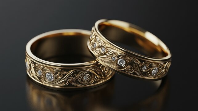 A pair of luxury diamond wedding rings with detailed engravings, displayed on a minimalistic, elegant background.
