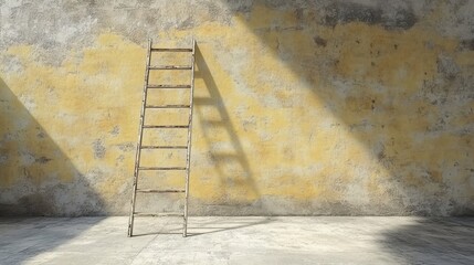 Poster - old ladder leaning against a weathered wall casting long shadows in soft light for vintage or rustic