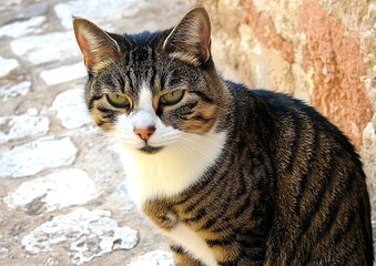 Wall Mural - Alley cat sits, stone wall background, Greece