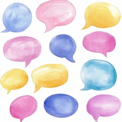 watercolor overlapping speech bubbles in a collage style  painted with vibrant contrasting colors of pink  blue  and yellow  This abstract  modern design creates a conceptual