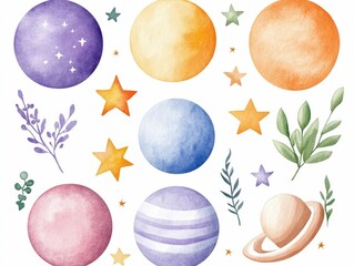 Poster - Vibrant watercolor circular date markers adorned with sparkling stars and whimsical floral motifs  creating a dreamy  celestial inspired aesthetic  These decorative elements can be used for calendar