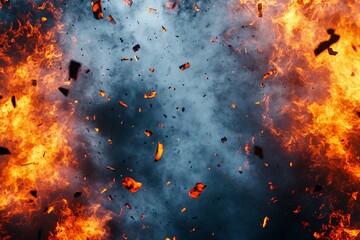 Poster - Explosive display of flames and debris swirling in the air during a controlled fire demonstration at dusk