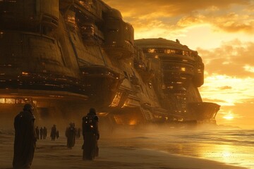 Poster - Futuristic settlement along the shore during sunset with figures walking in the sand