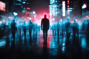 Aufkleber - A cyberpunk-inspired scene of a single neon-pink figure walking through a crowd of glowing blue silhouettes, set against a futuristic, digital cityscape