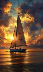 Poster - Sunset Sailboat Ocean Cruise Dramatic Sky