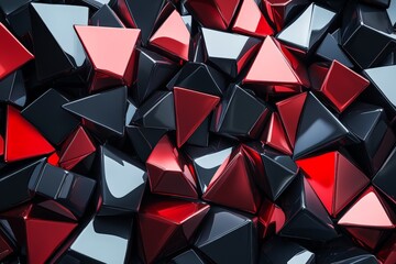 Poster - Collection of glossy black and red geometric shapes arranged in an artistic pattern on a flat surface