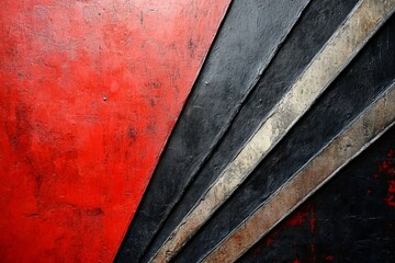 Poster - Abstract mural featuring bold red and black colors with textured diagonal lines created on a concrete wall
