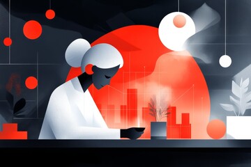 Poster - A dramatic illustration of a consultant presenting shadowy figures in a dimly lit room, with glowing red charts on a dark background