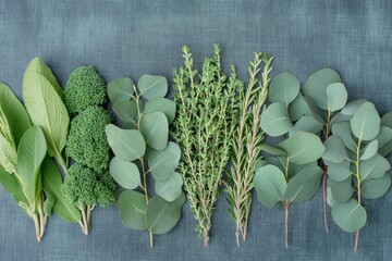 Poster - Fresh herbs and greens arranged on a textured surface showcasing culinary varieties