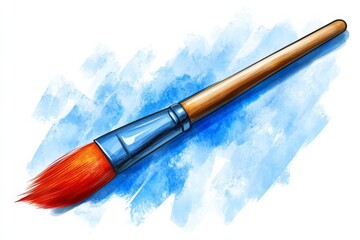 Poster - Creative art tool with a vibrant red bristle on a blue watercolor background
