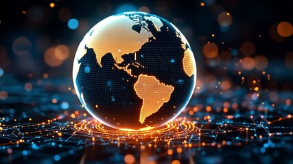 Poster - A digital representation of the Earth with glowing continents and connected lines in a dark space